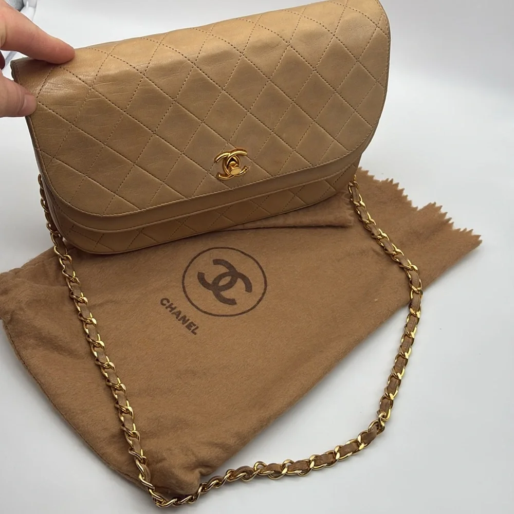 CHANEL HALF MOON BIEGE DOUBLE FLAP QUILTED CC GOLD HW LAMBSKIN SHOULDER BAG
